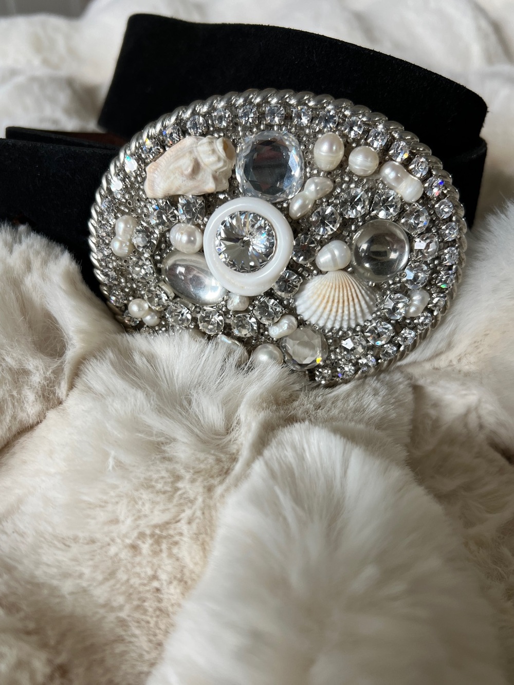Authentic Douglas Cloutier Mosaic Pearl Shell Swarovski Mosaic Buckle Belt Sz 32